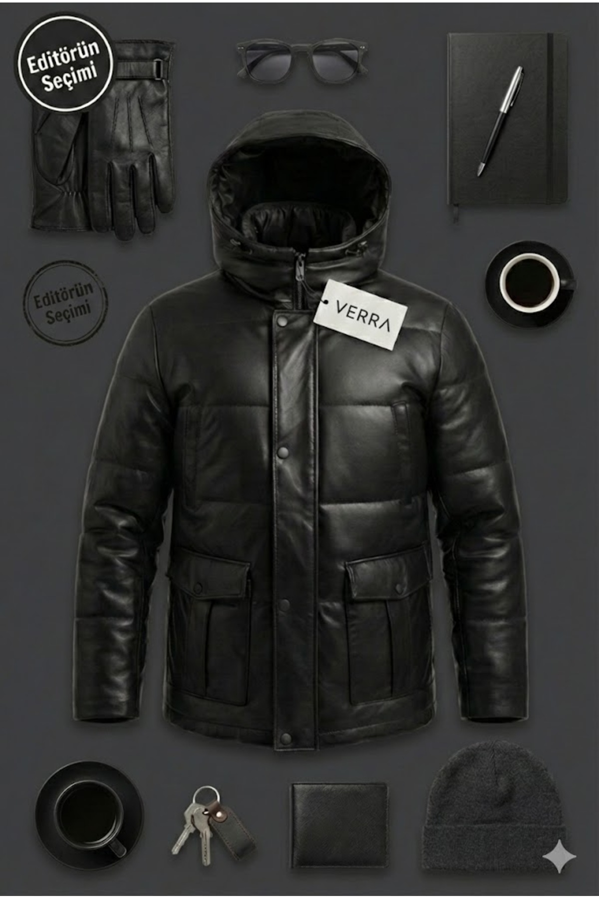 Verra  Erkek Siyah Hakiki Deri Kapüşonlu Şişme Mont - Premium Kışlık Parka - Görsel 3