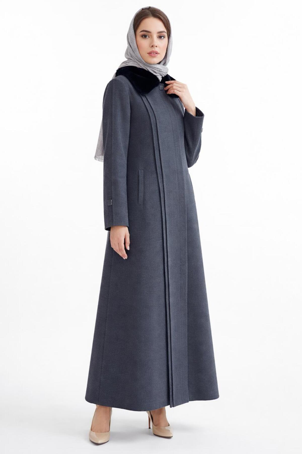 ESİN GİYİM  Yakası Çıkarılabilir Kürklü Büyük Beden Kaşe Palto - Görsel 4