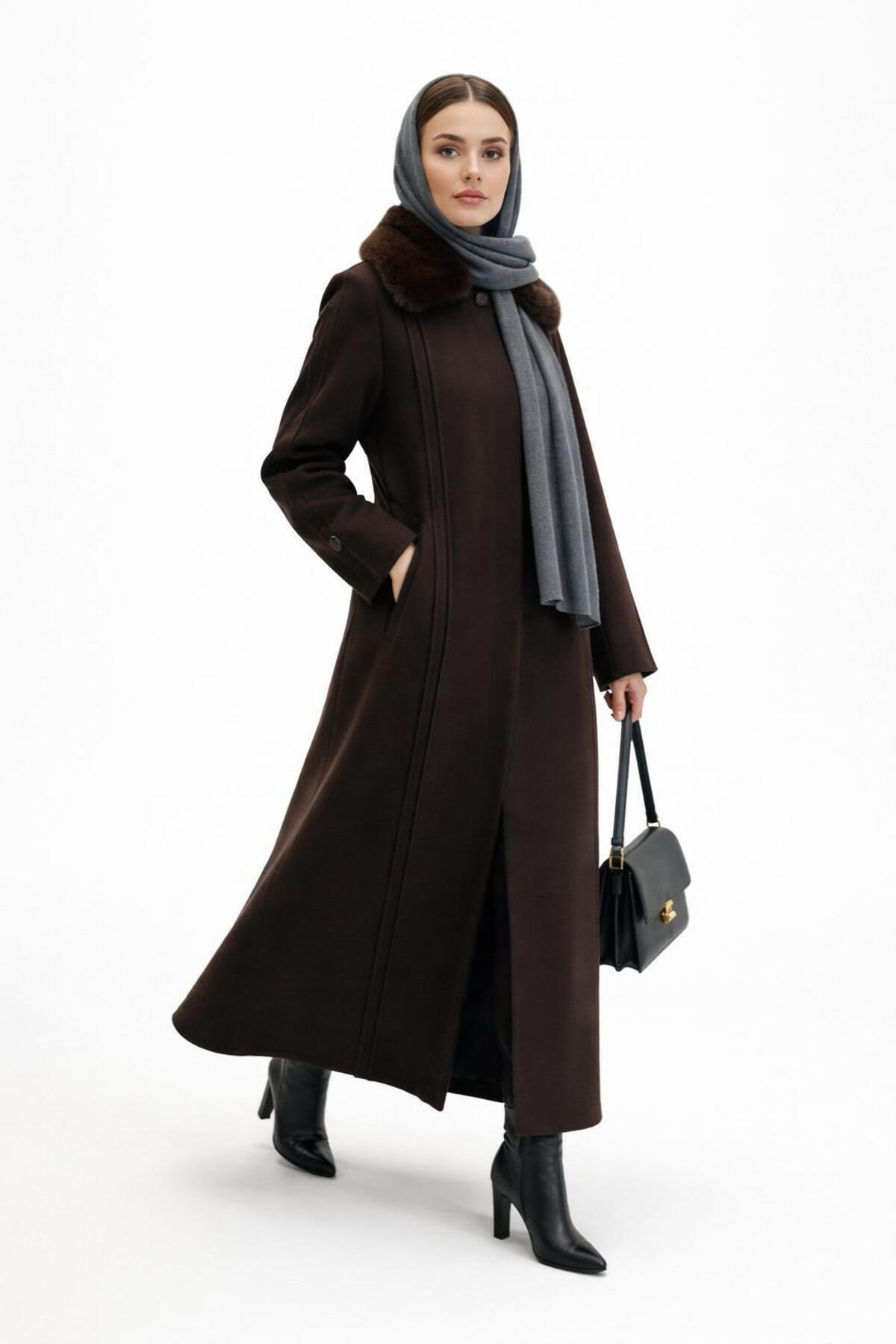 ESİN GİYİM  Yakası Çıkarılabilir Kürklü Büyük Beden Kaşe Palto - Görsel 2