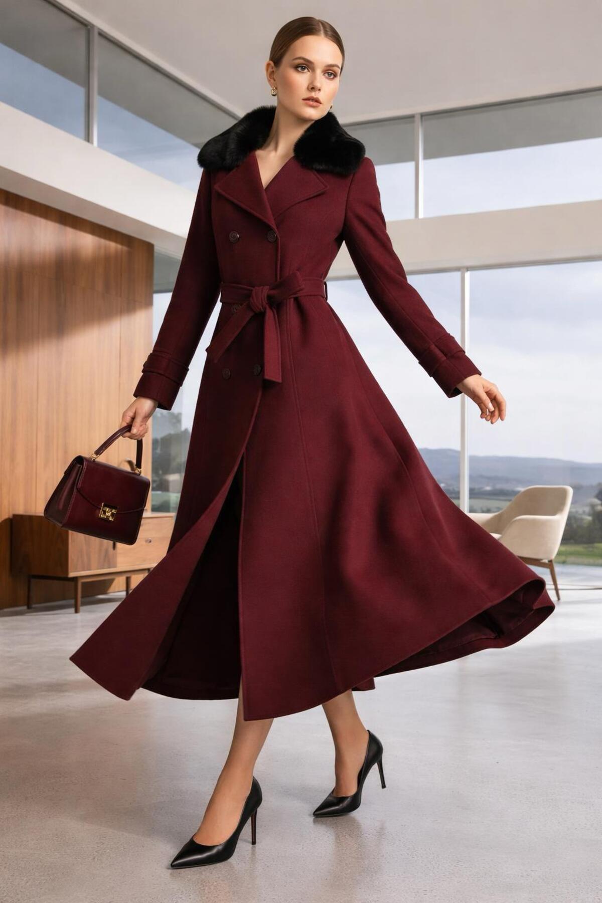 ESİN GİYİM  Kürk Yakalı Kruvaze Kaşe Manto- Old Money Tarz - Görsel 4