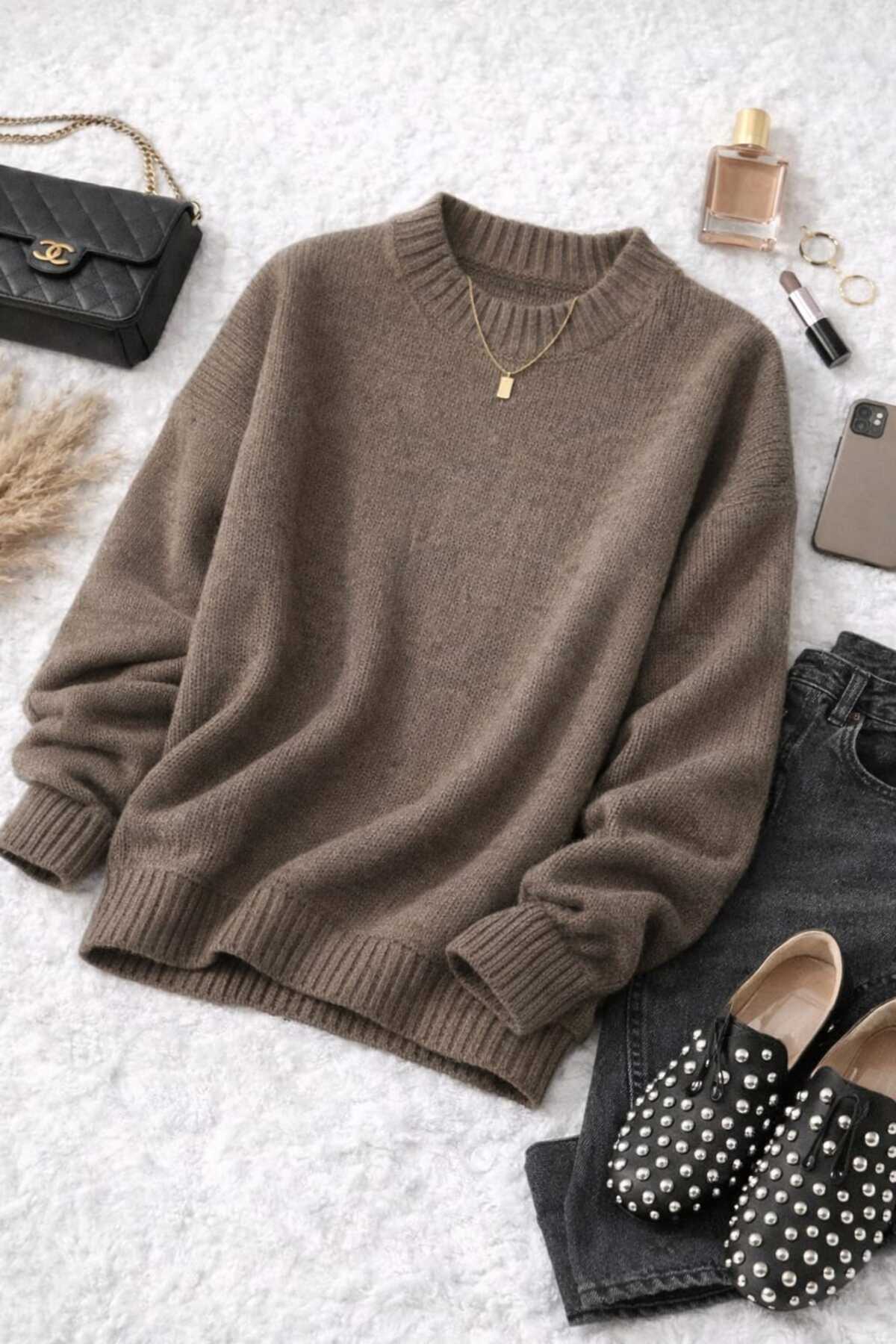 UZÇE MODA  Vizon Renk Bisiklet Yaka Oversize Kadın Triko Kazak - Görsel 4