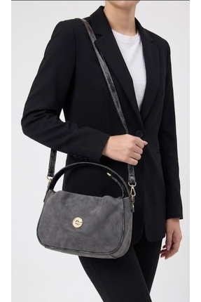 Heybe shop Kadın Gold Logolu Büzgülü Süet El ve Omuz Çantası