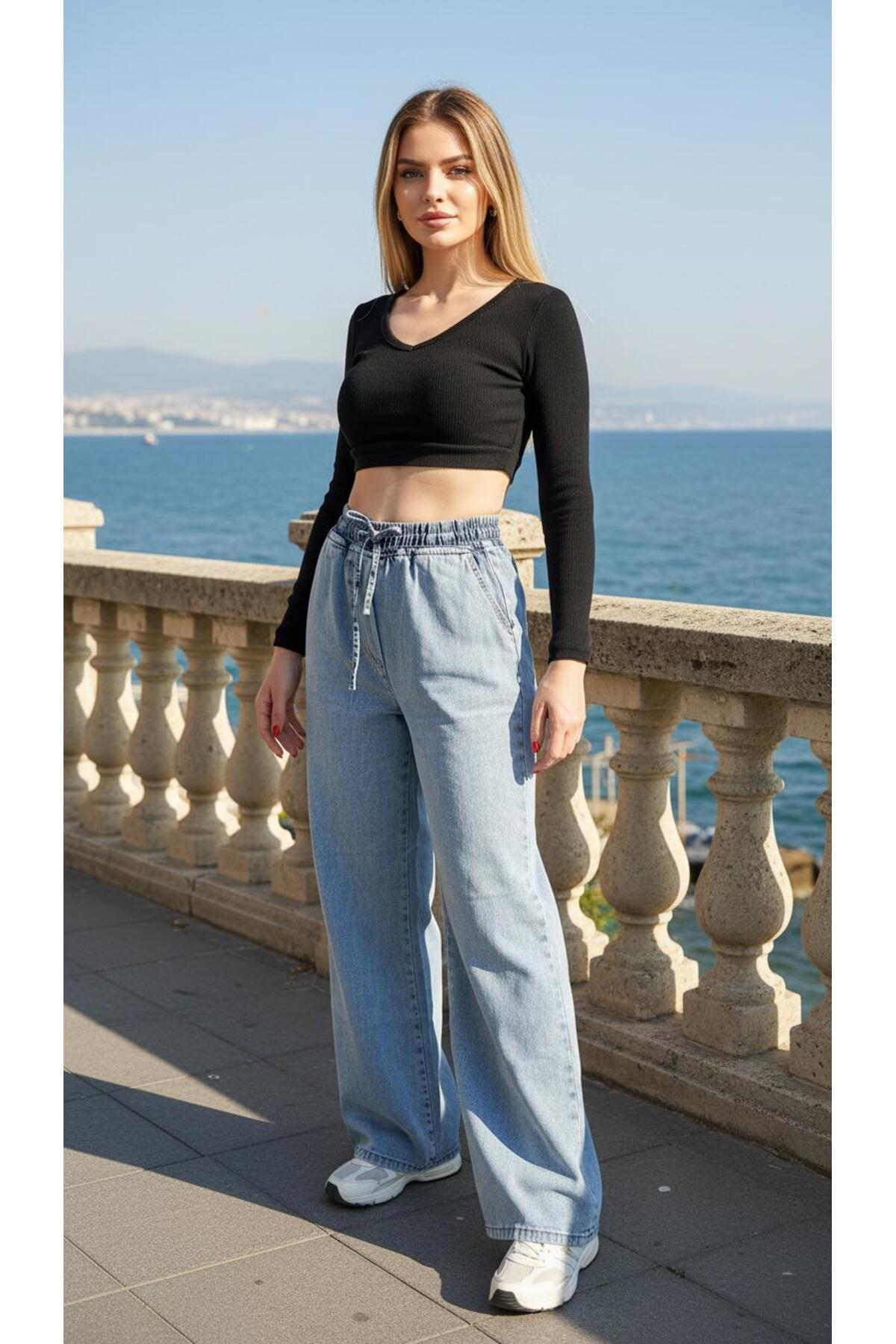 geenz manifacture  Beli lastikli Yüksek Bel Bağcıklı Geniş Paça Kot Pantolon %100 Cotton (Tesettüre Uygun) - Görsel 4