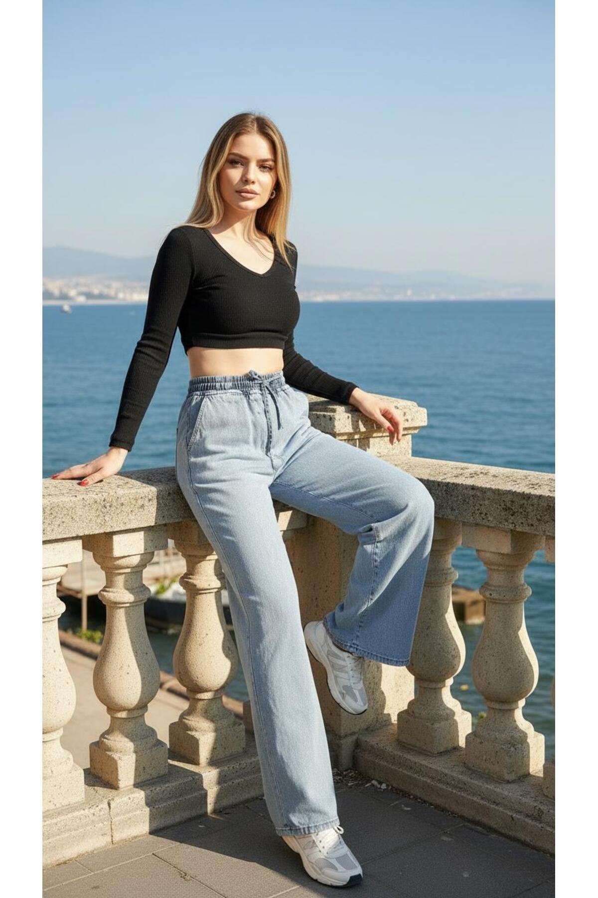 geenz manifacture  Beli lastikli Yüksek Bel Bağcıklı Geniş Paça Kot Pantolon %100 Cotton (Tesettüre Uygun)