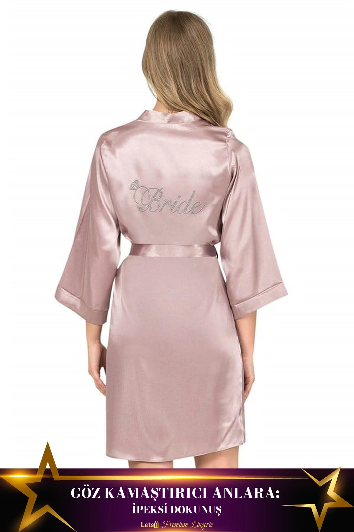 Letsii Kısa Saten Bride Sabahlık Vizon Renk