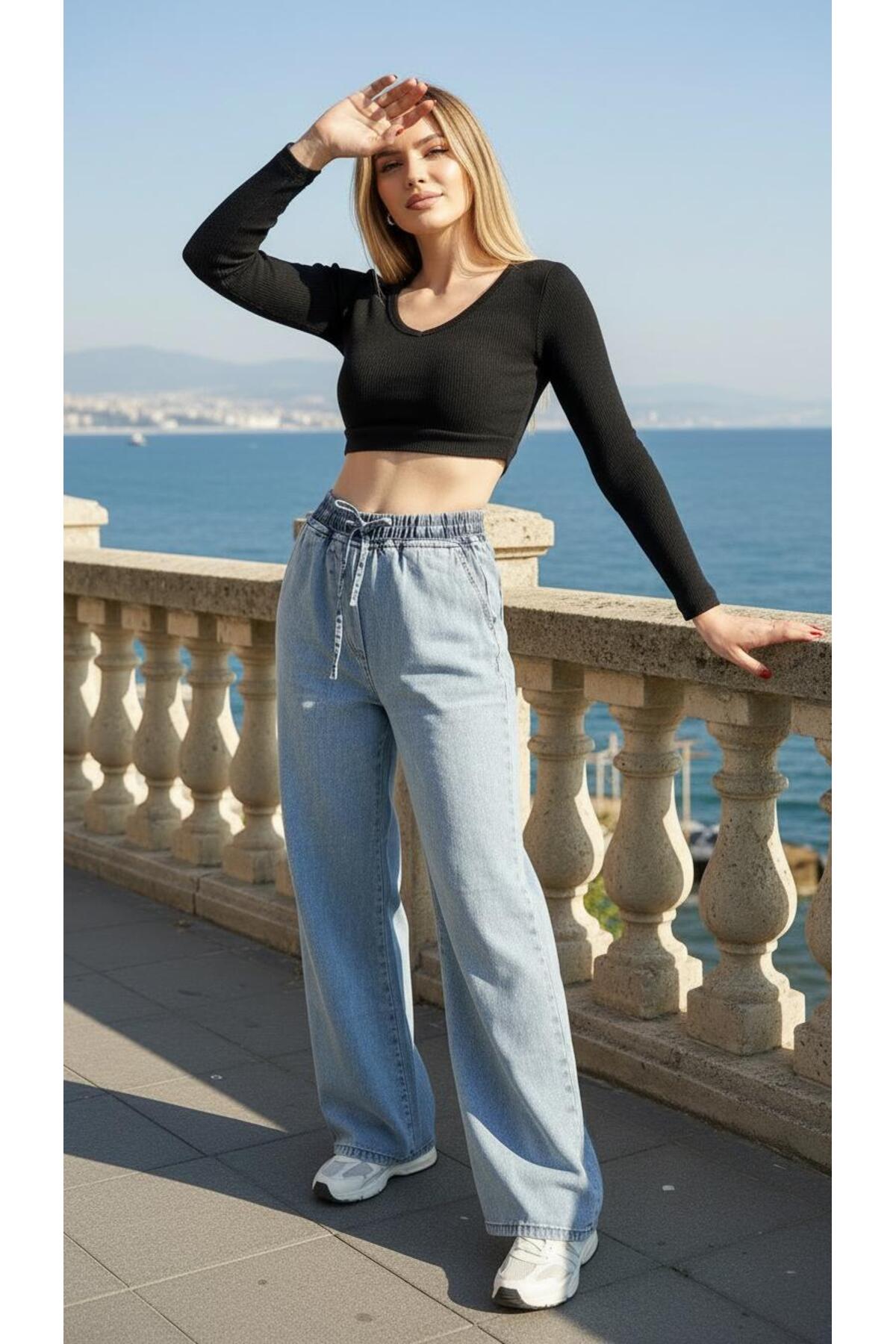 geenz manifacture  Beli lastikli Yüksek Bel Bağcıklı Geniş Paça Kot Pantolon %100 Cotton (Tesettüre Uygun) - Görsel 3