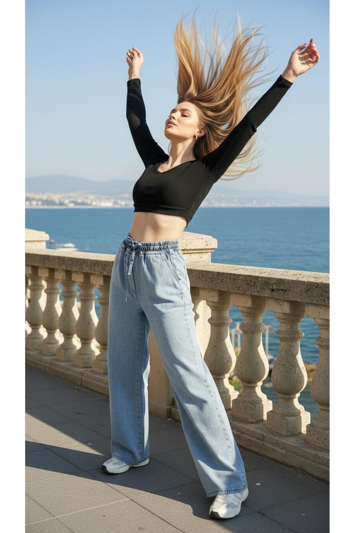 geenz manifacture  Beli lastikli Yüksek Bel Bağcıklı Geniş Paça Kot Pantolon %100 Cotton (Tesettüre Uygun) - Görsel 5