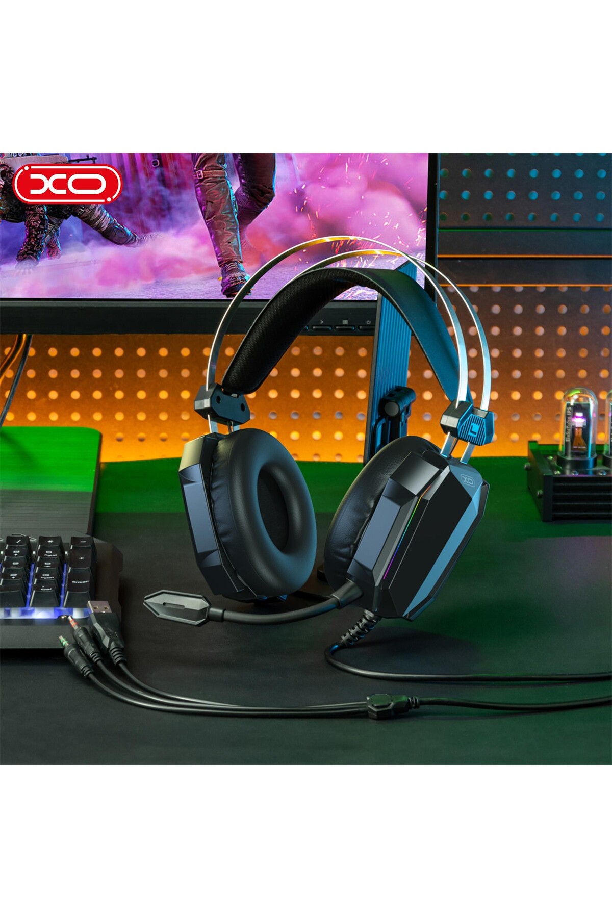 Xo GE07 RGB Işıklı Mikrofonlu Bilgisayar Kulaklığı - 2.1m Kablolu