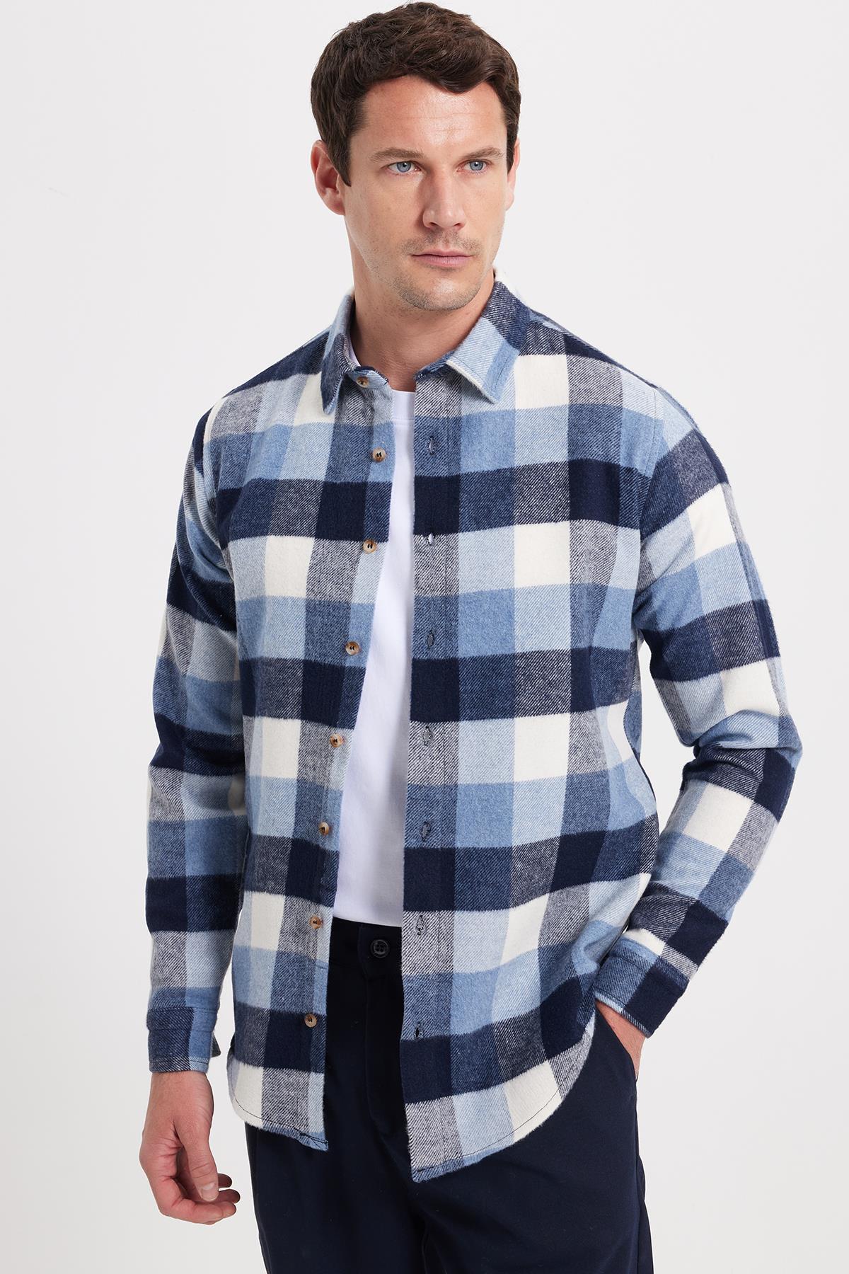 Erkek Slim Fit Dar Kesim Kareli Kışlık Oduncu Gömlek — آبی DR250028-3129 — تصویر 8 از 9