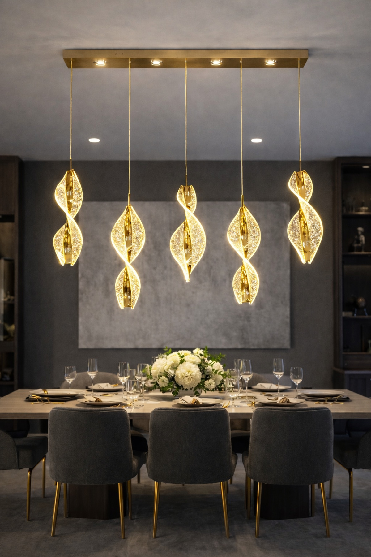 RSCOLLECTIONS Luxury Modern 5 Li Sıralı Sarkıt Led Avize Kumandalı