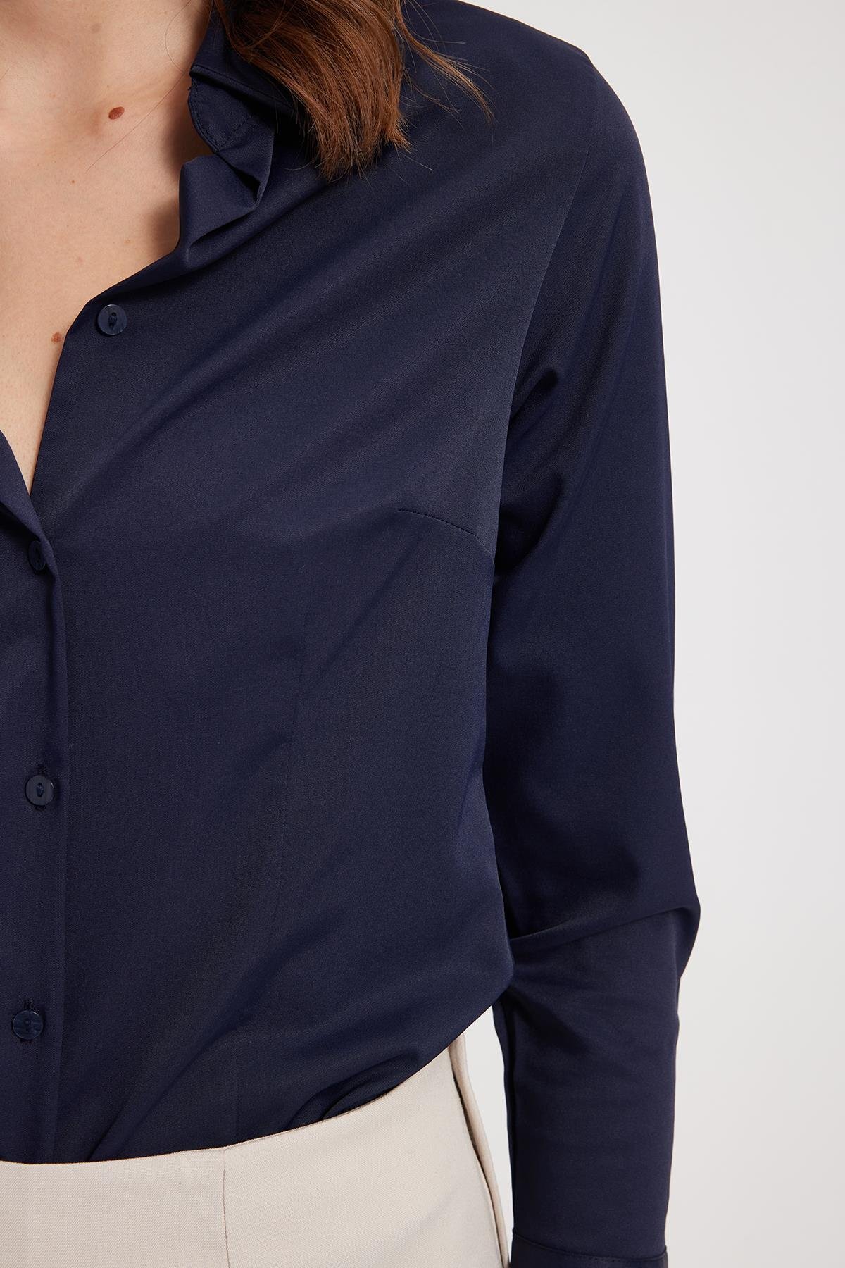 Tudors  Kadın Slim Fit Dar Kesim Klasik Yaka Uzun Kollu Lacivert Gömlek - Görsel 5