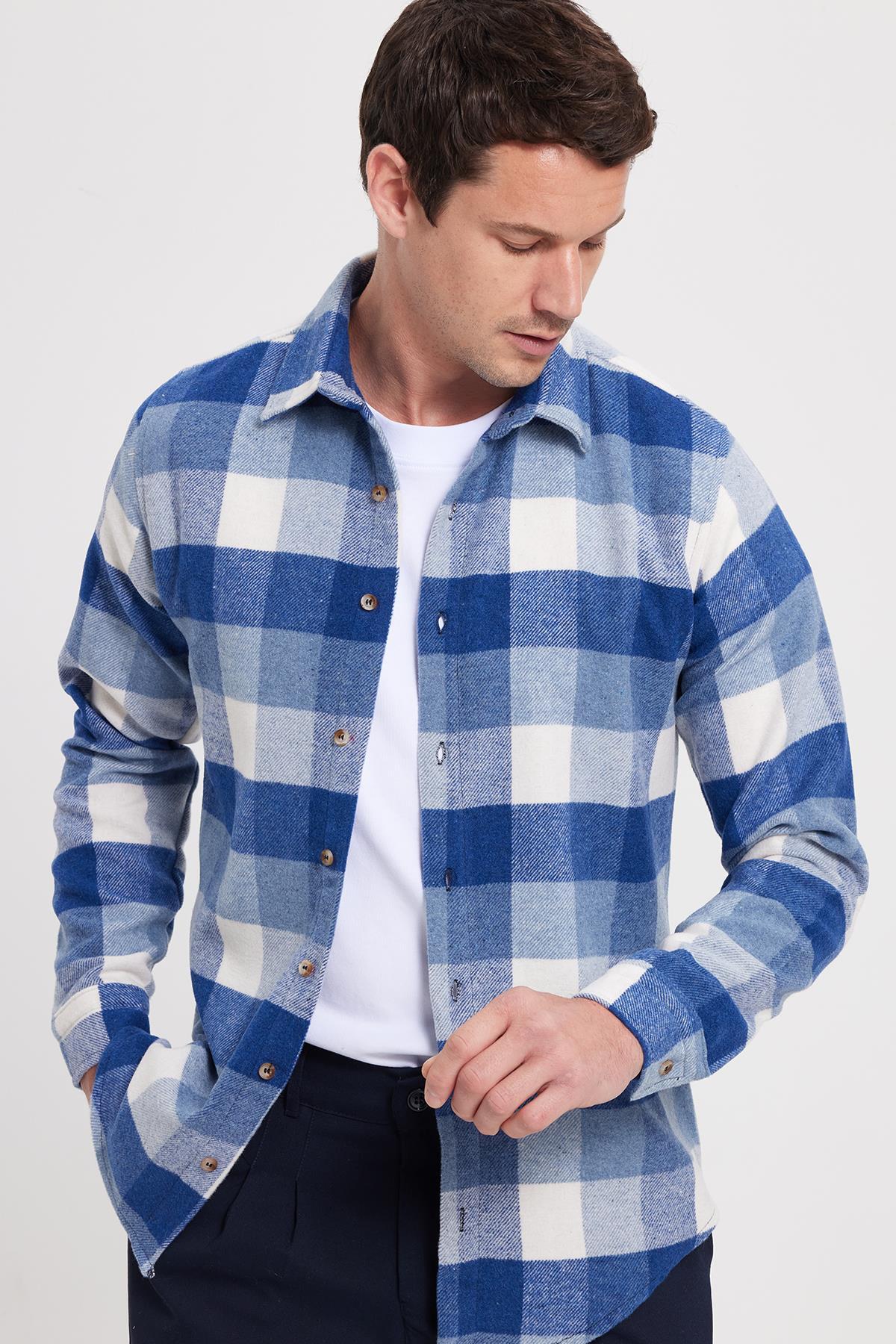 Erkek Slim Fit Dar Kesim Kareli Kışlık Oduncu Gömlek — آبی DR250028-3148 — تصویر 3 از 8