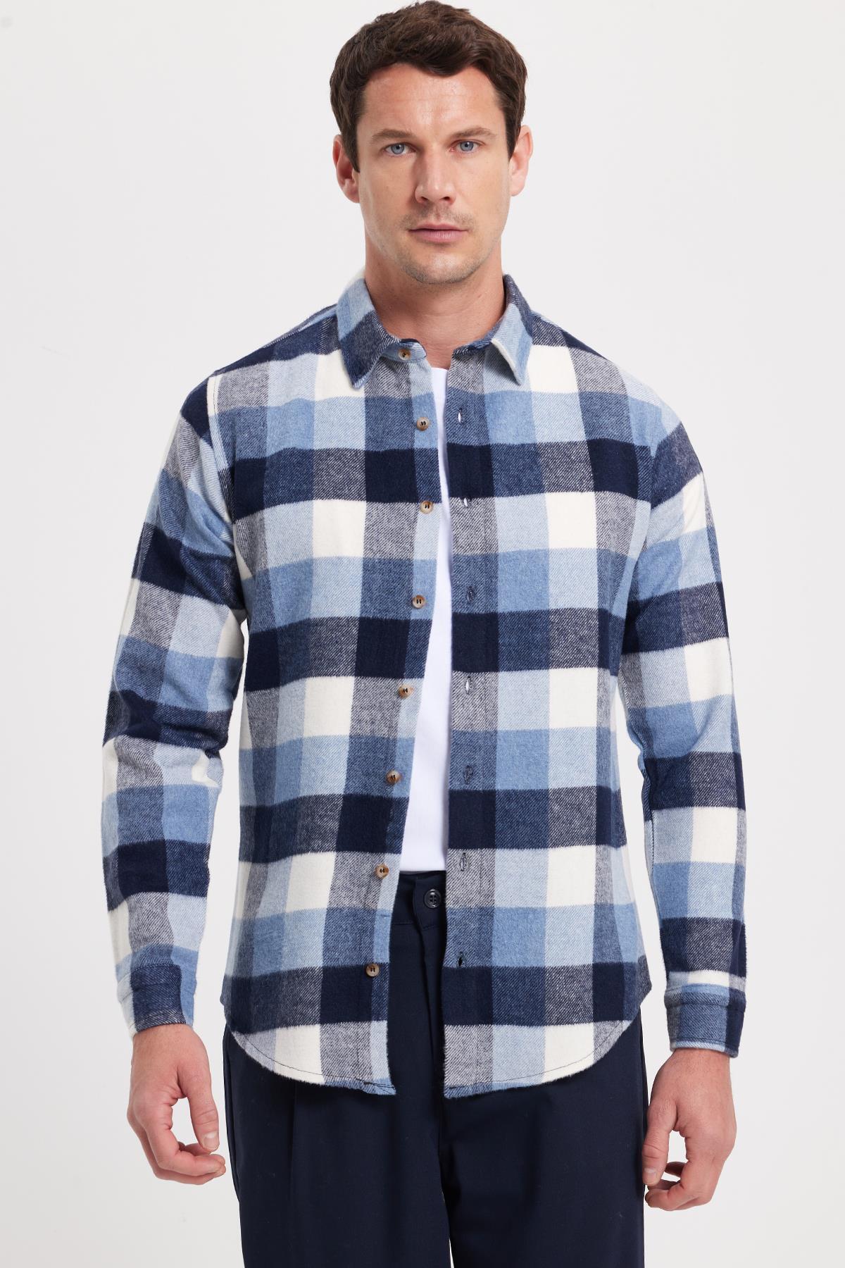 Erkek Slim Fit Dar Kesim Kareli Kışlık Oduncu Gömlek — آبی DR250028-3129 — تصویر 4 از 9