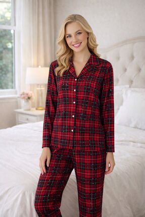 VELORACOO Kadın Ekose Desenli Düğmeli Pijama Takımı