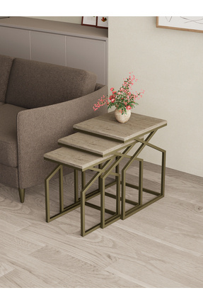 Dekoport Uygar Zigon Sehpa Yan Sehpa Metal Sehpa Traverten Desen MDF Membran ...