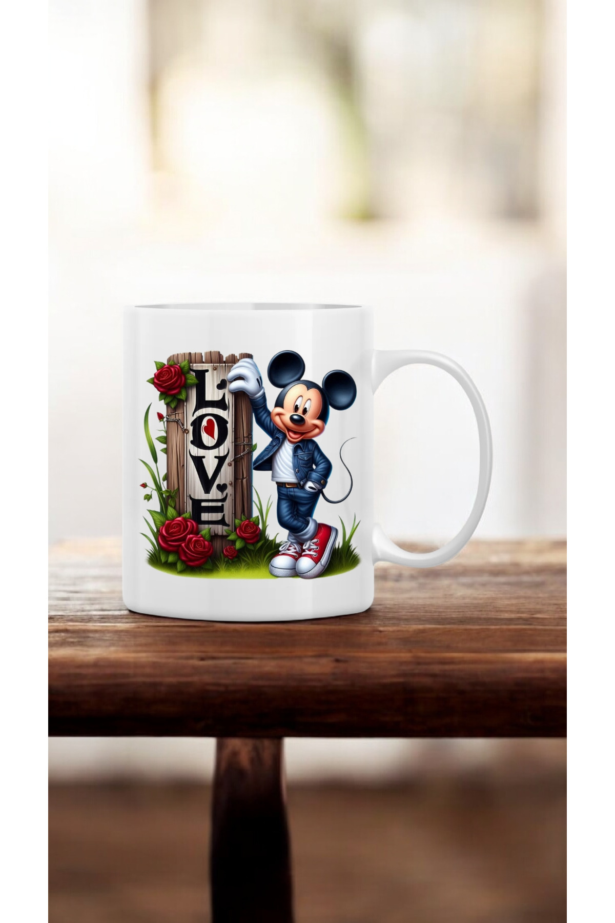 Sevgililer Gününe Özel Nostaljik Kalpli Mickey Mouse Baskılı Hediyelik Kupa Bardak