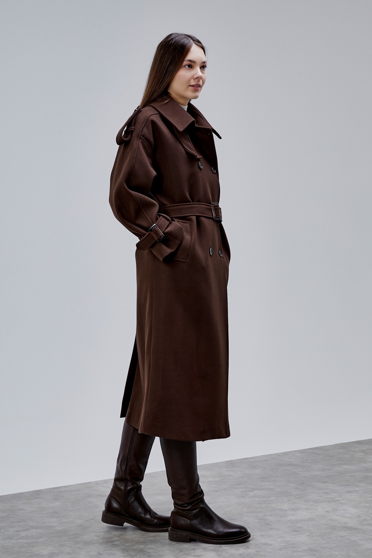 Bolivente  Acı Kahve Kuşaklı Oversize Kaşe Kaban 44577 - Görsel 7