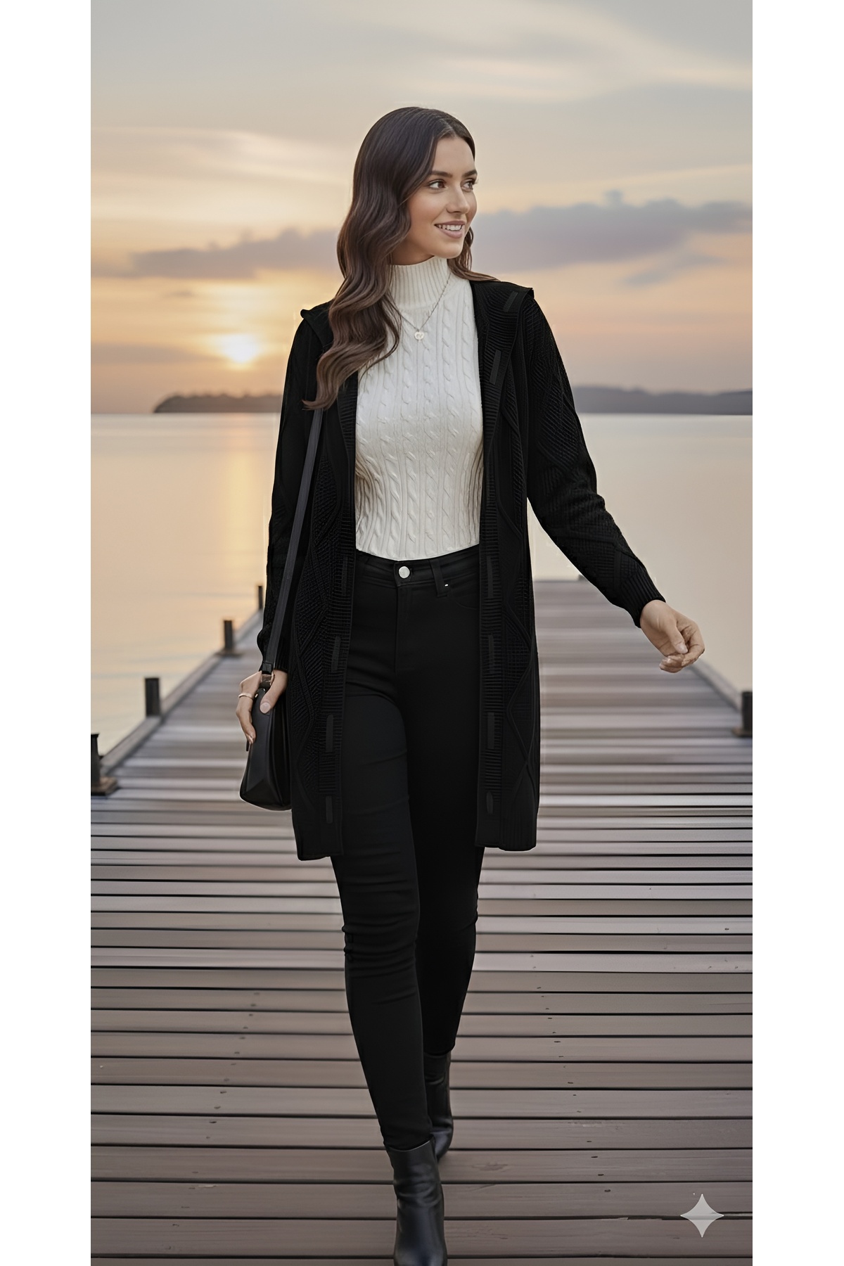 AQE FASHION Kadın Triko Hırka Ceket Siyah Kabartma Desenli Şerit Garnili Uzun Kollu Şapkalı Şık görsel 5