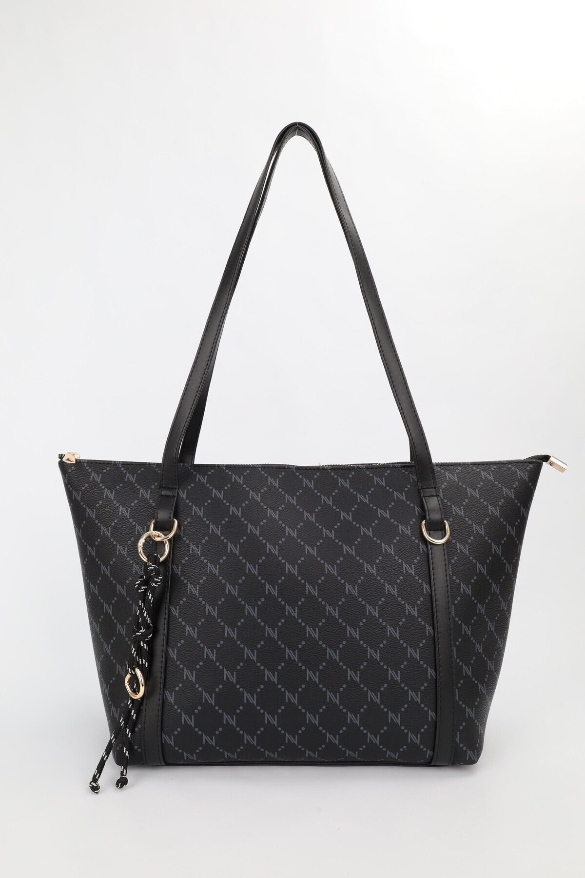 NOTHING Kadın Monogram Siyah Halka Charm Detaylı Fermuarlı Omuz Çantası En42 Boy27 Sofia