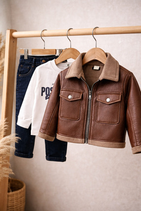Canöz Kids Erkek Çocuk Deri Ceketli Şık 3’lü Takım (1-4yaş)