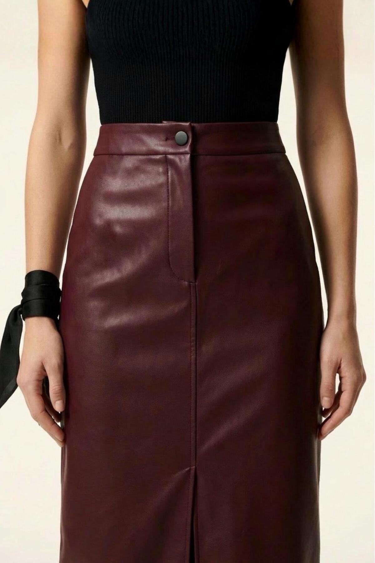 Grenj Fashion Bordo Yırtmaçlı Suni Deri Yüksek Bel Maxi Etek görsel 3