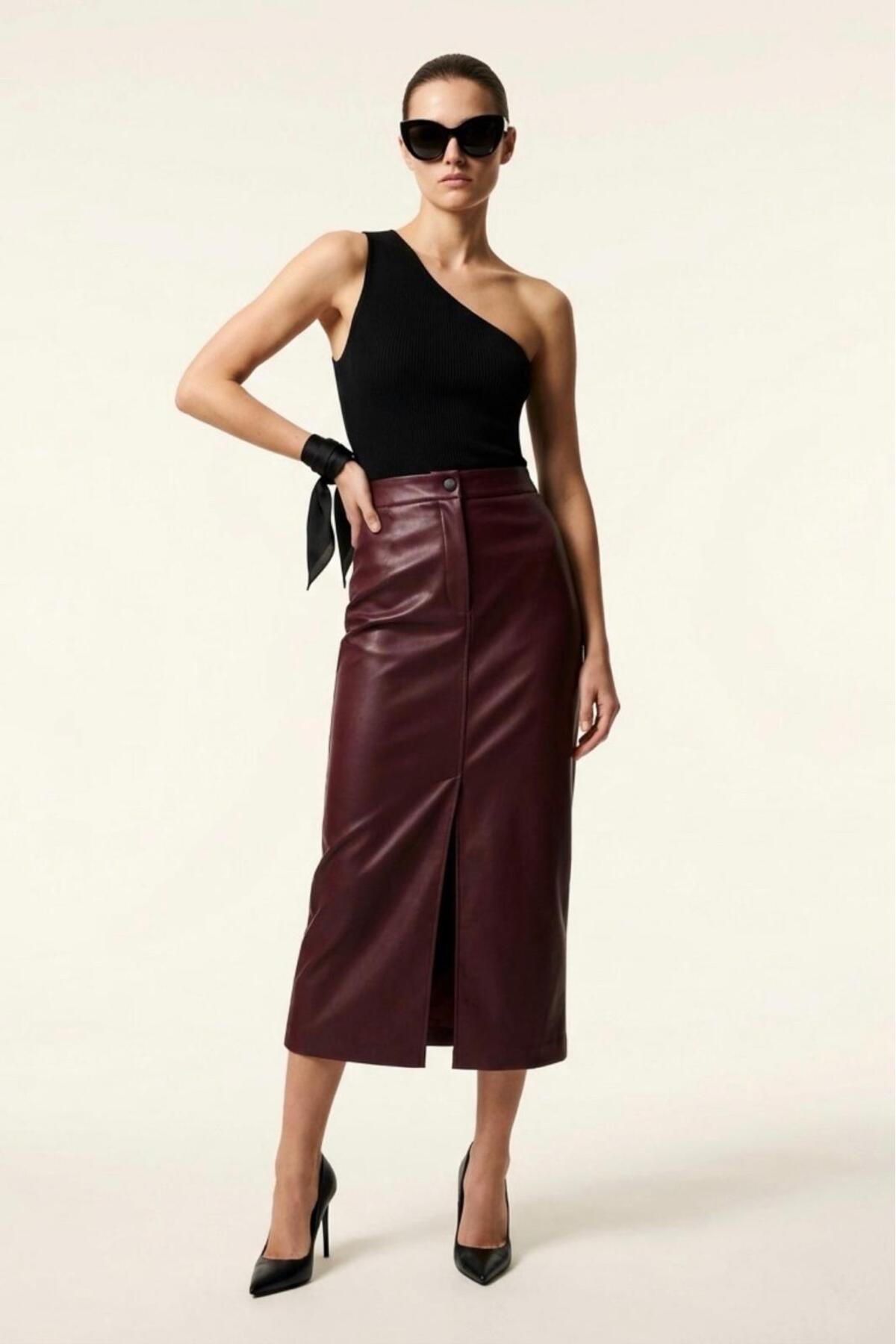 Grenj Fashion Bordo Yırtmaçlı Suni Deri Yüksek Bel Maxi Etek görsel 5