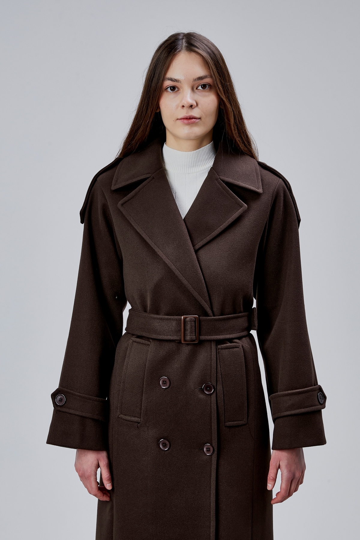 Bolivente  Acı Kahve Regular Apolet Detaylı Kruvaze Kaşe Kaban - Görsel 3