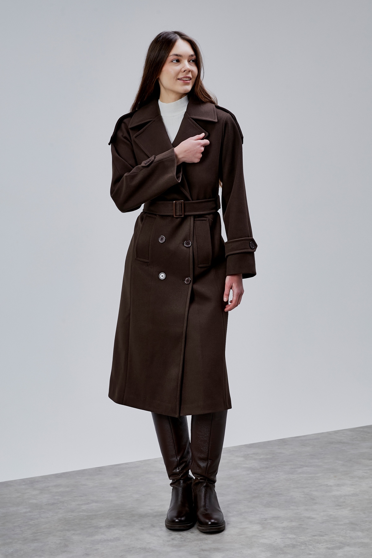 Bolivente  Acı Kahve Regular Apolet Detaylı Kruvaze Kaşe Kaban - Görsel 7