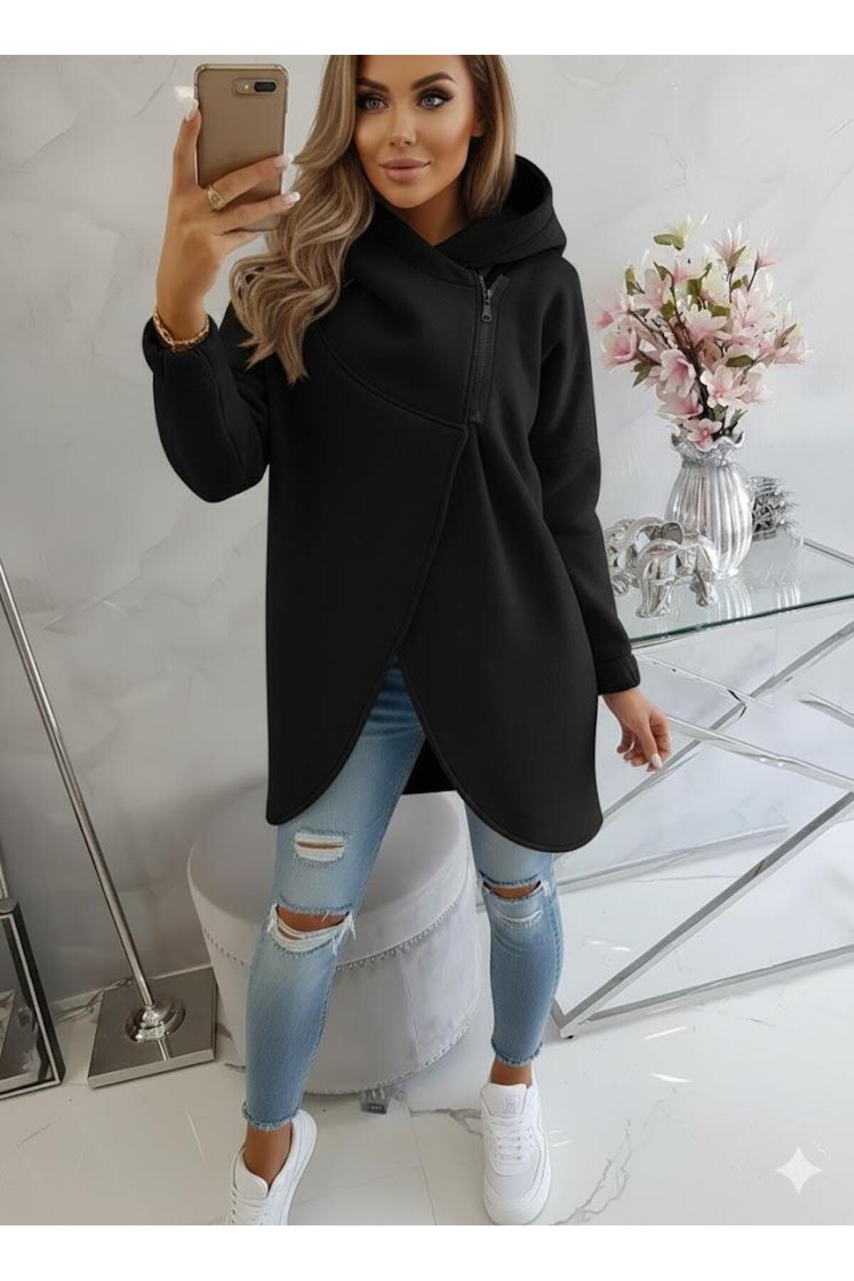 Afri Μαύρο Γυναικείο Μπουφάν με Ασύμμετρο Φερμουάρ oversized με κουκούλα Φούτ...