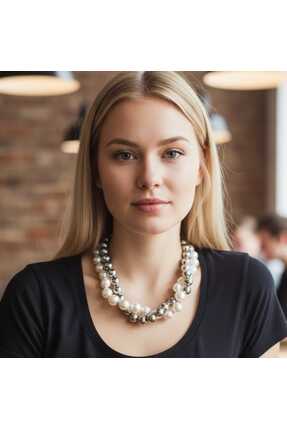 HELİSA ACCESSORİES İnci ve Metalik Boncuklu Çift Sıralı Modern Kolye
