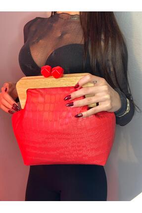 Aysa Çanta ve Aksesuar Ahşap Saplı Kırmızı Clutch Çanta
