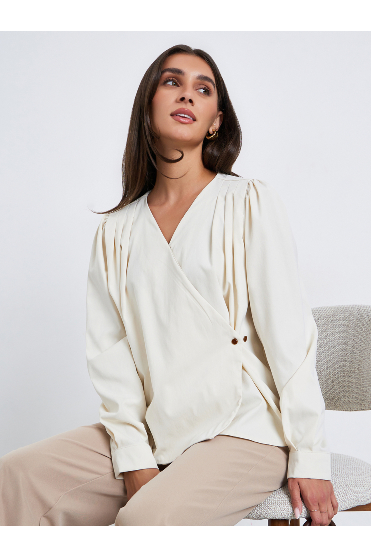 Styli Women Beige Pleated Wrap Top