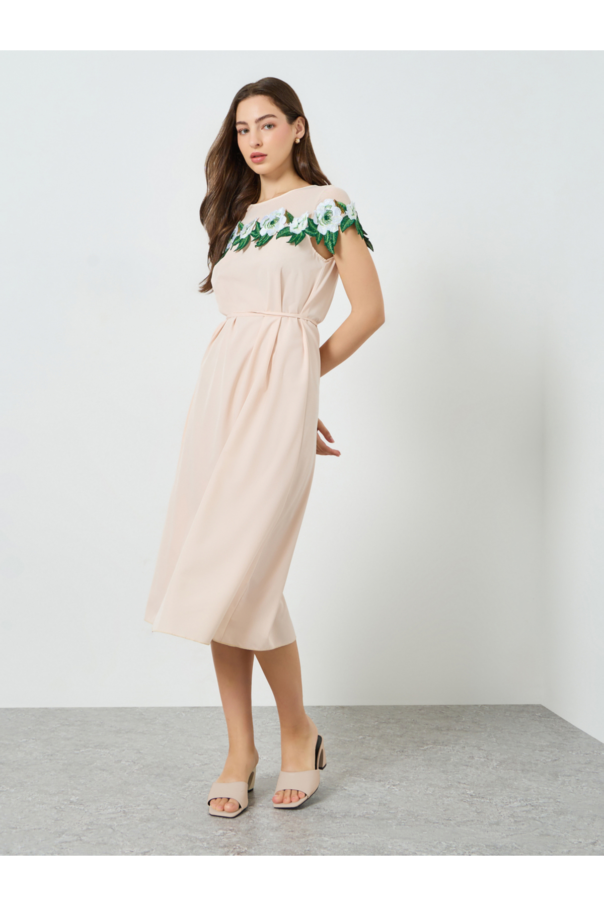 Take Two By Styli Women Beige Flower Patch Detail Fitted Waist Midi Dress