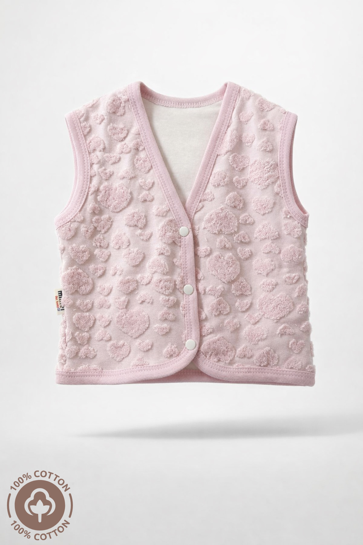 Miniel Unisex Bebek Kalp Desenli Organik Pamuklu Çift Kat Astarlı Bebek Yelek fotoğrafı 4 (önizleme)