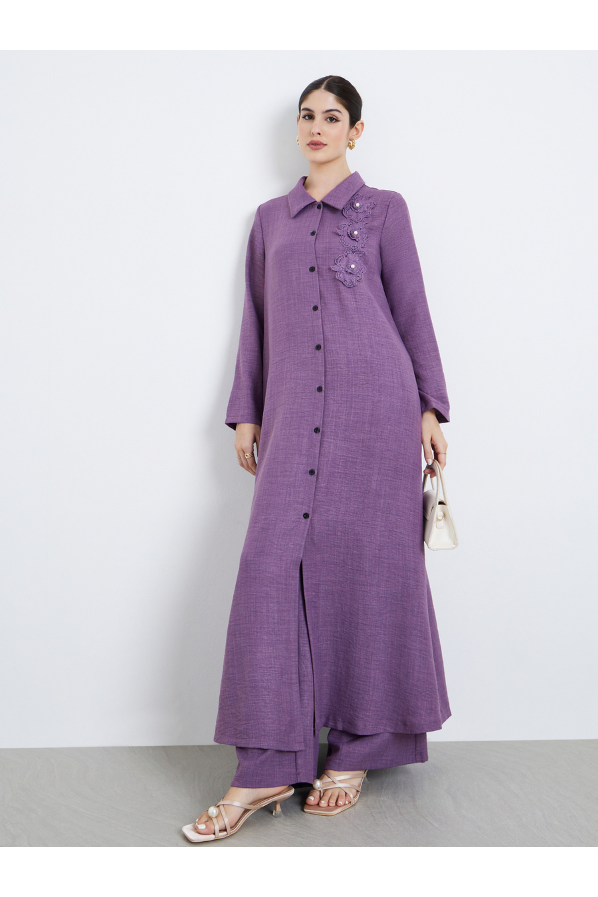 Styli Women Corsage Detail Maxi Shirt and Pants Modest Set