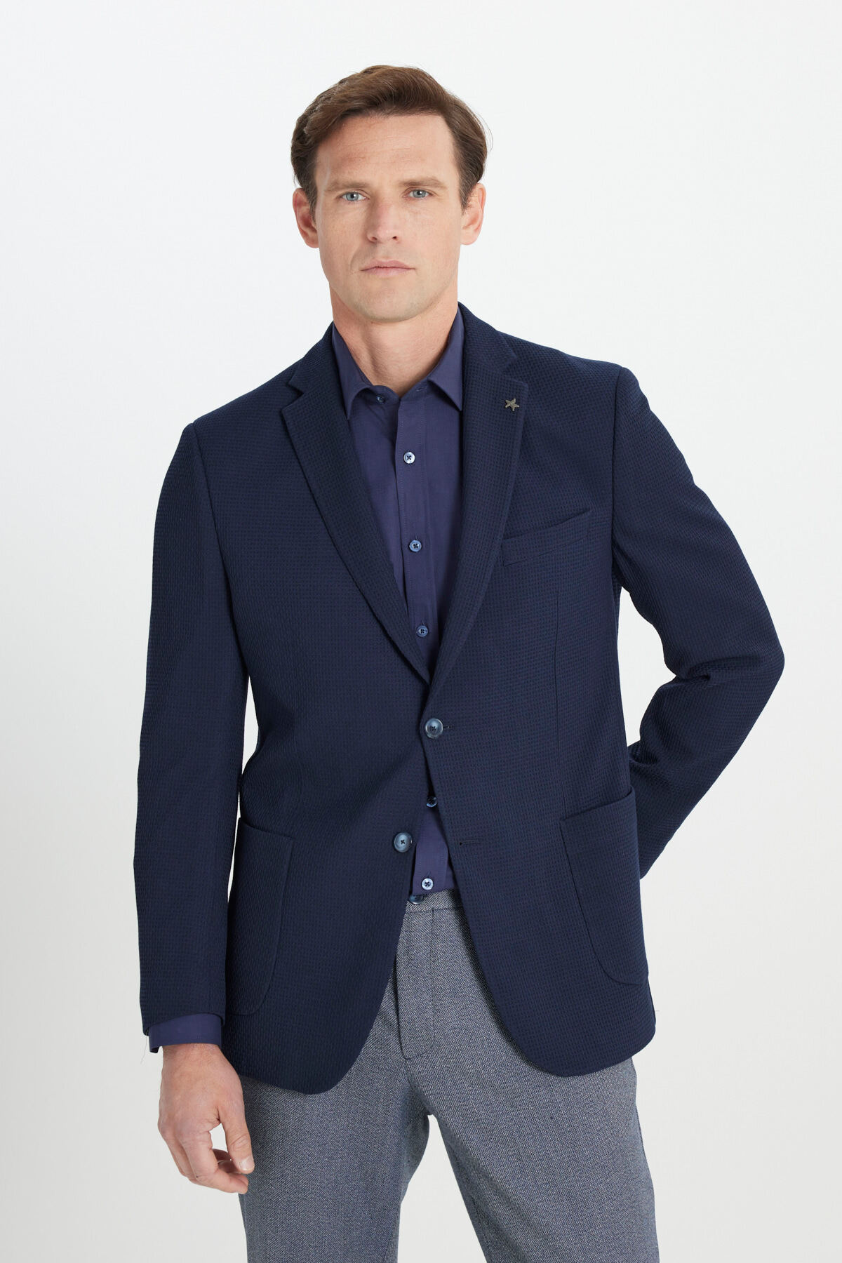 Altınyıldız Classics  Erkek Lacivert Slim Fit Dar Kesim Mono Yaka Gofre Desenli Torba Cepli Ceket - Görsel 3