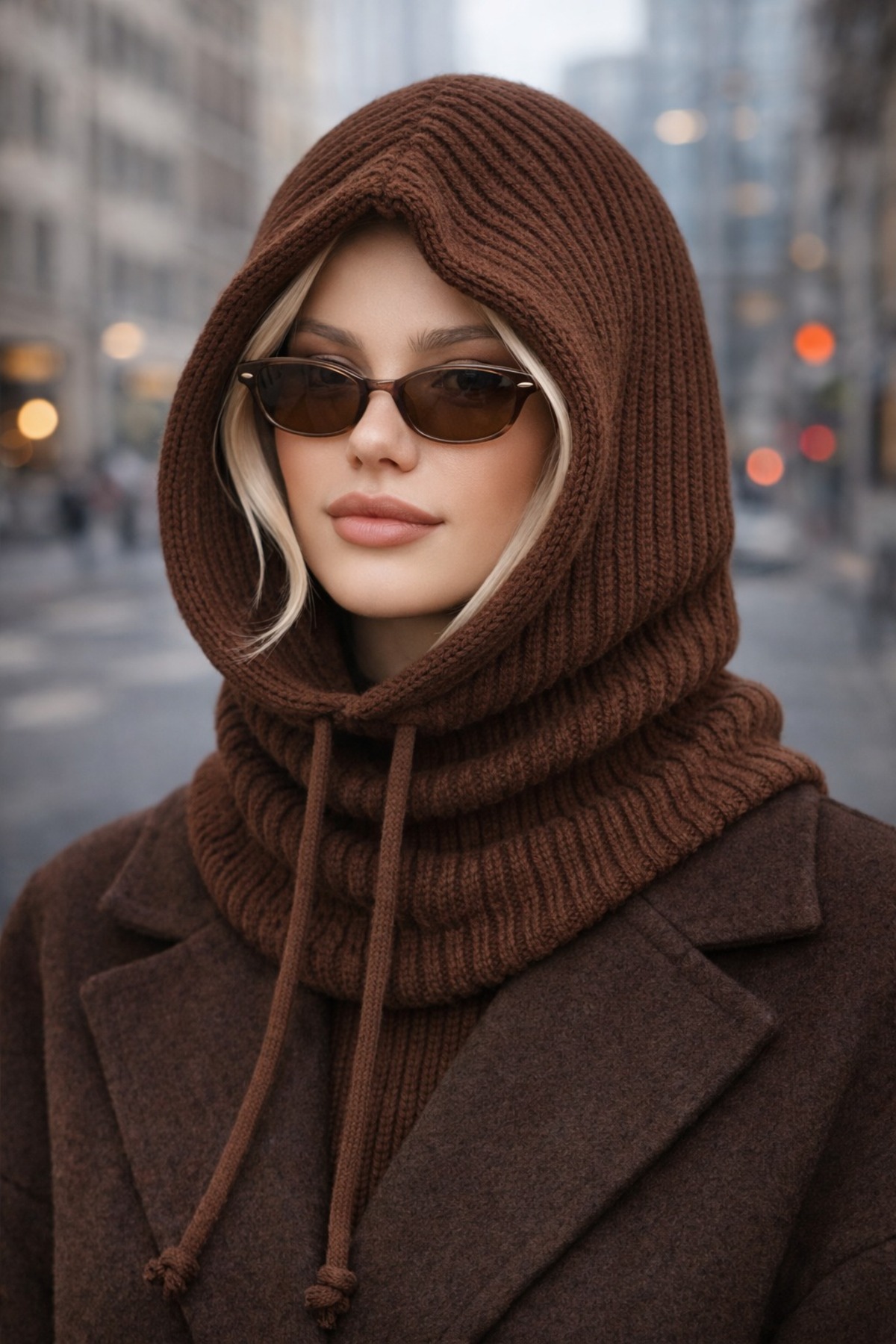 Women's Bitter Brown Knitwear Knit Balaclava Beanie Neck Hat