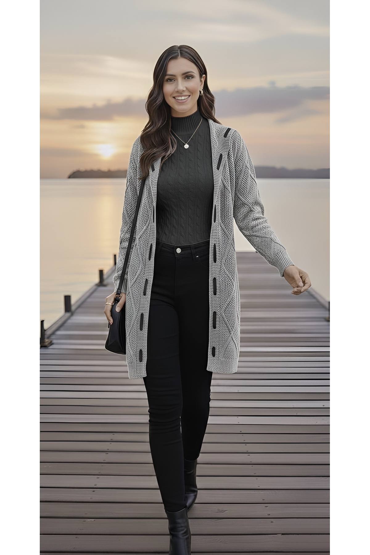 Women's Gray Jacket Cardigan Long Sleeve Embossed Hooded Ribbon Garnish