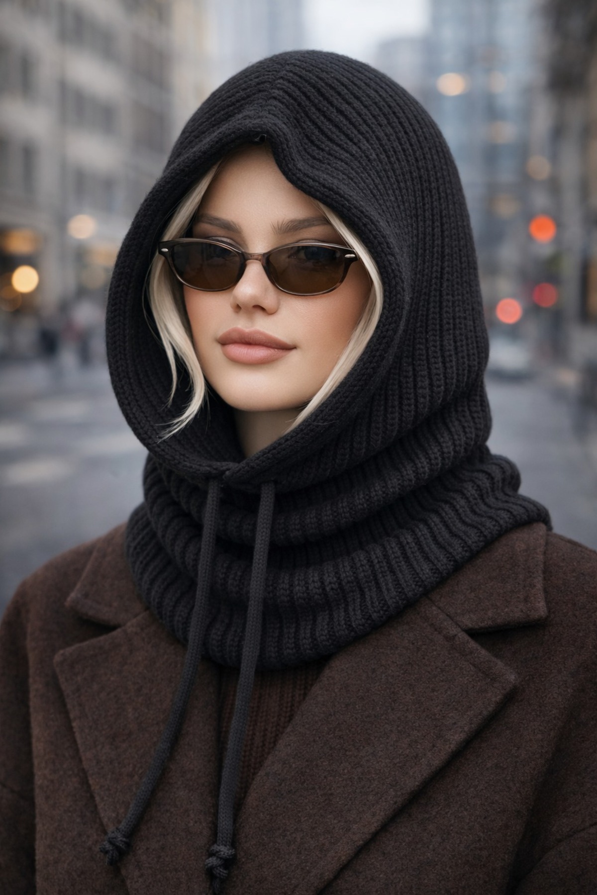 Women's Black Knitwear Knit Balaclava Beanie Hooded Hat
