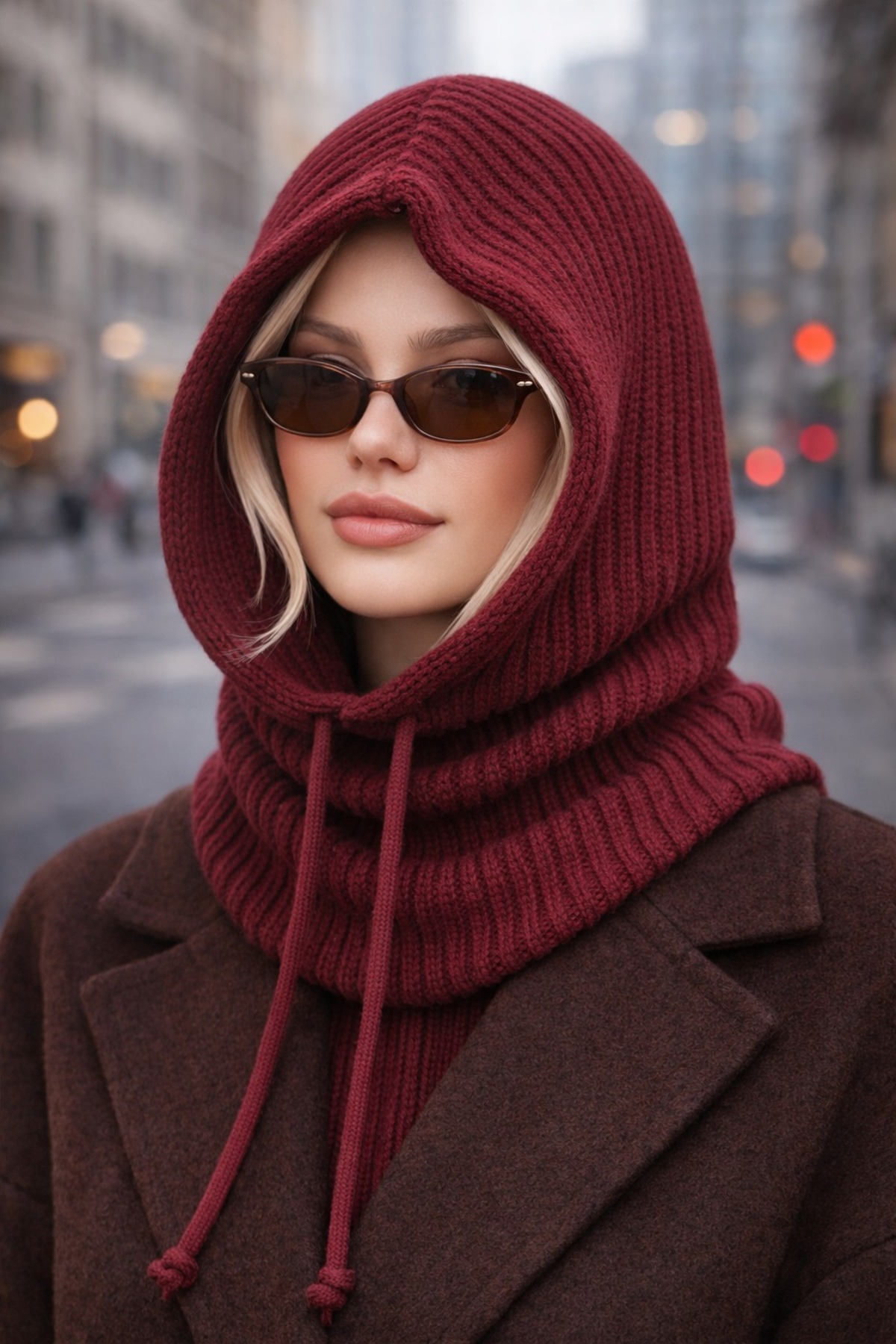 Women's Claret Red Knit Knit Balaclava Beanie Hooded Neckline Hat