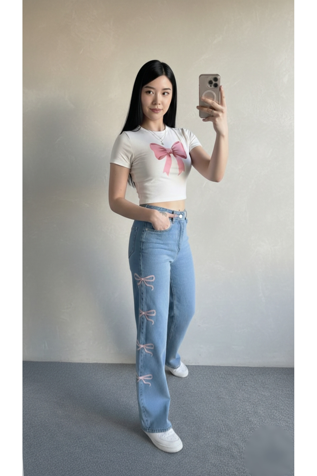 sion jeans  Yandan Kurdele Detaylı Kadın Kar Yıkma Mavi Palazzo Salaş Kot Pantolon - Görsel 2