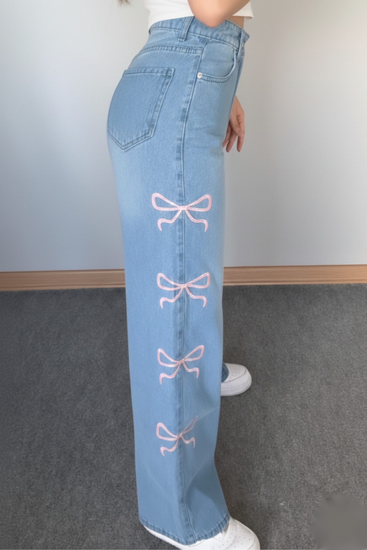 sion jeans  Yandan Kurdele Detaylı Kadın Kar Yıkma Mavi Palazzo Salaş Kot Pantolon - Görsel 4