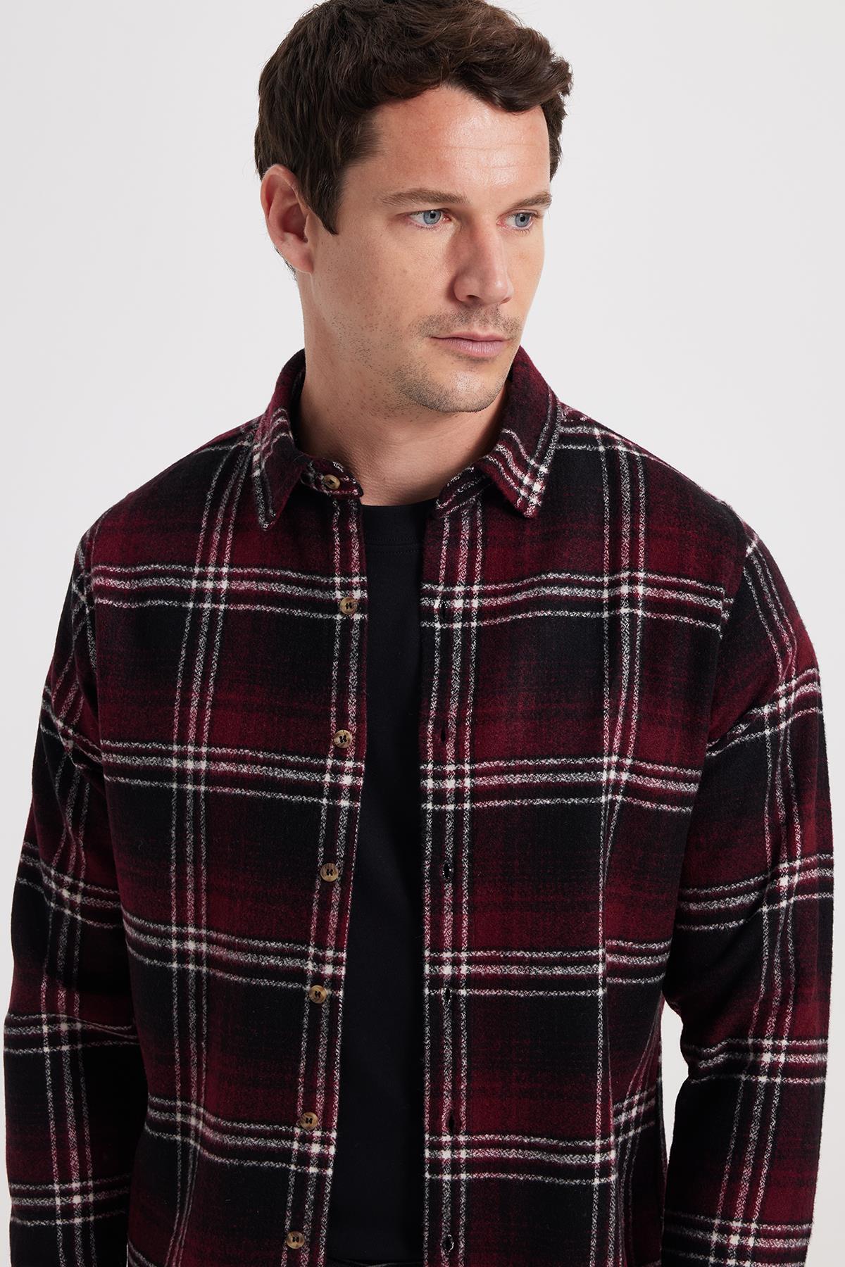 Tudors تیودورس Erkek Slim Fit Dar Kesim Kareli Kışlık Oduncu Gömlek — زرشکی DR250028-3115