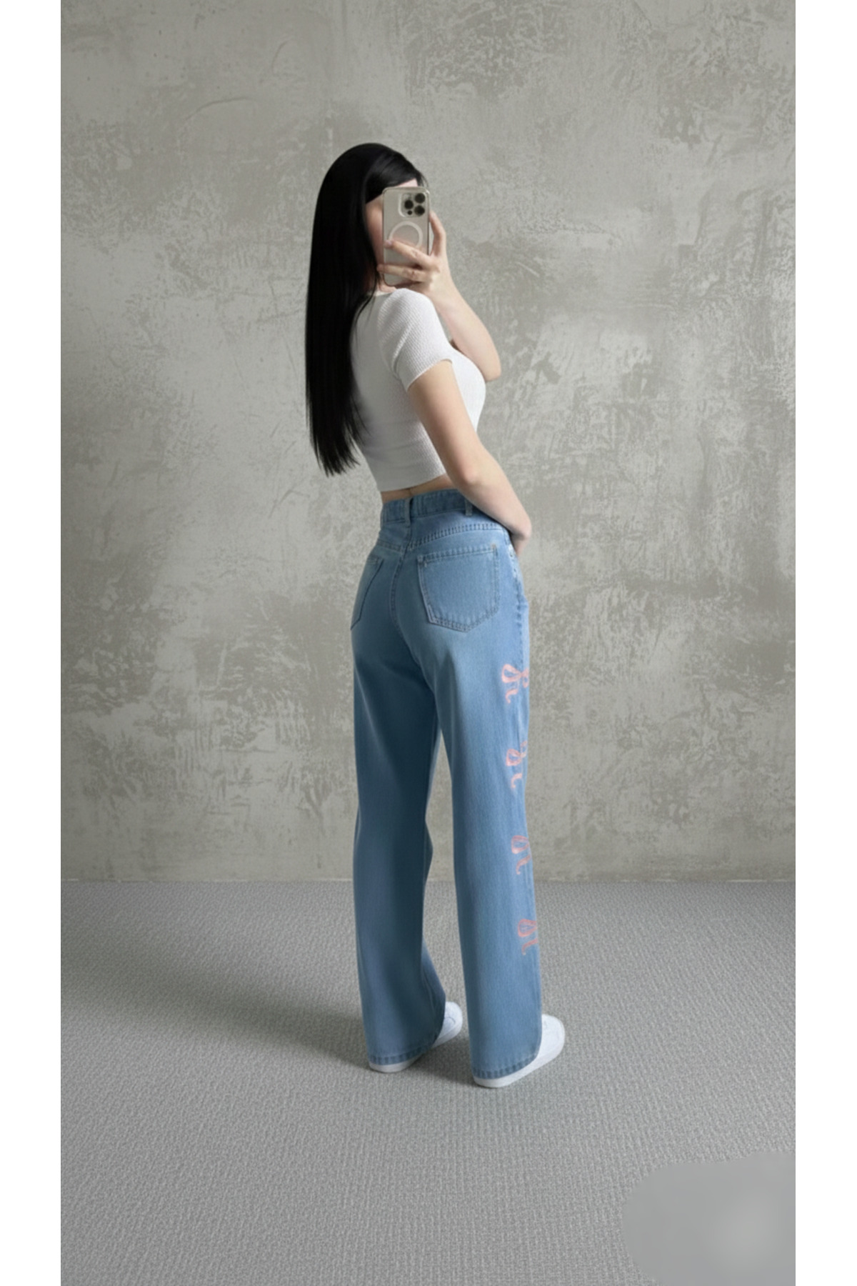 sion jeans  Yandan Kurdele Detaylı Kadın Kar Yıkma Mavi Palazzo Salaş Kot Pantolon - Görsel 3