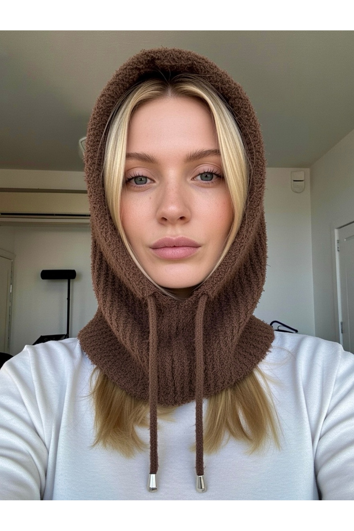 B2K FASHION  Kahve Buklet Yumoş Triko Balaklava Bere Şapka Boyunluk