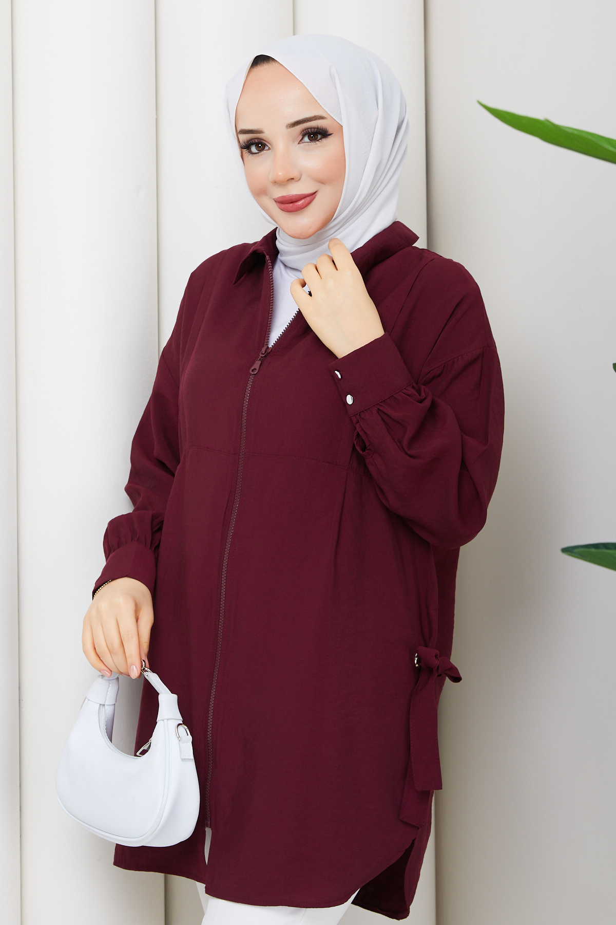 Pamuk Butik  Kadın Kuş Gözü Detaylı Fermuar Kapamalı Tunik