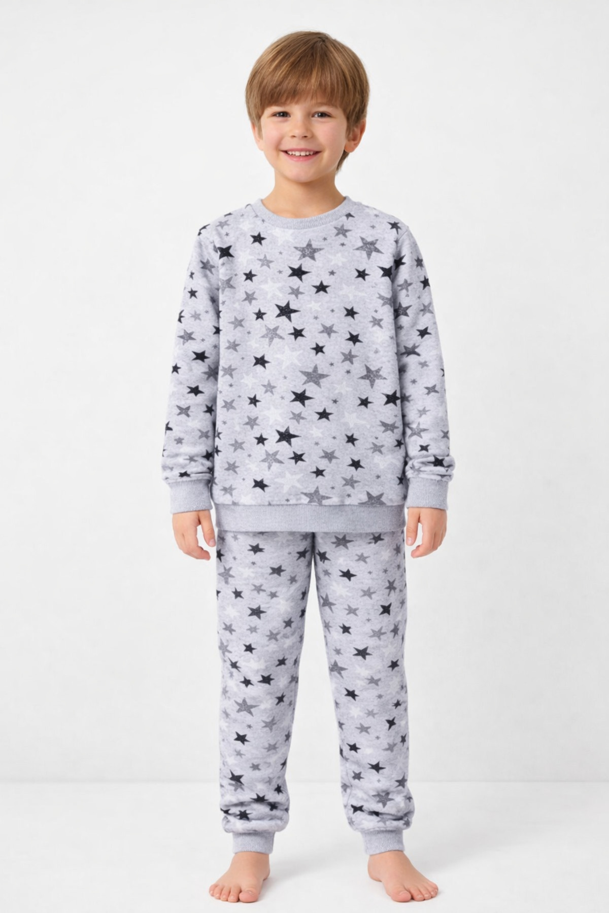 Gray Patterned Crew Neck Boy Long Sleeve Cotton Bottom Top Pajamas Set