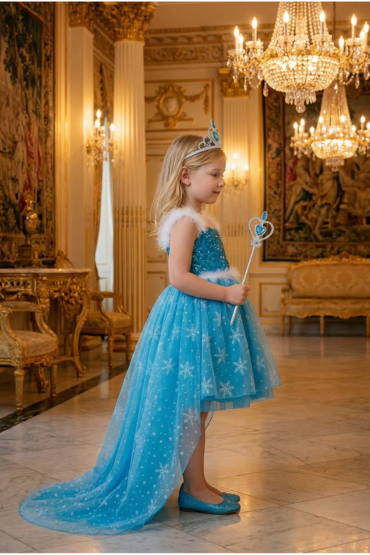 Parti Selesi Karlar Ülkesi Frozen Elsa Kostüm Mavi Ön Kısa Arka Uzun Elbise Kız Çocuk Kıyafet