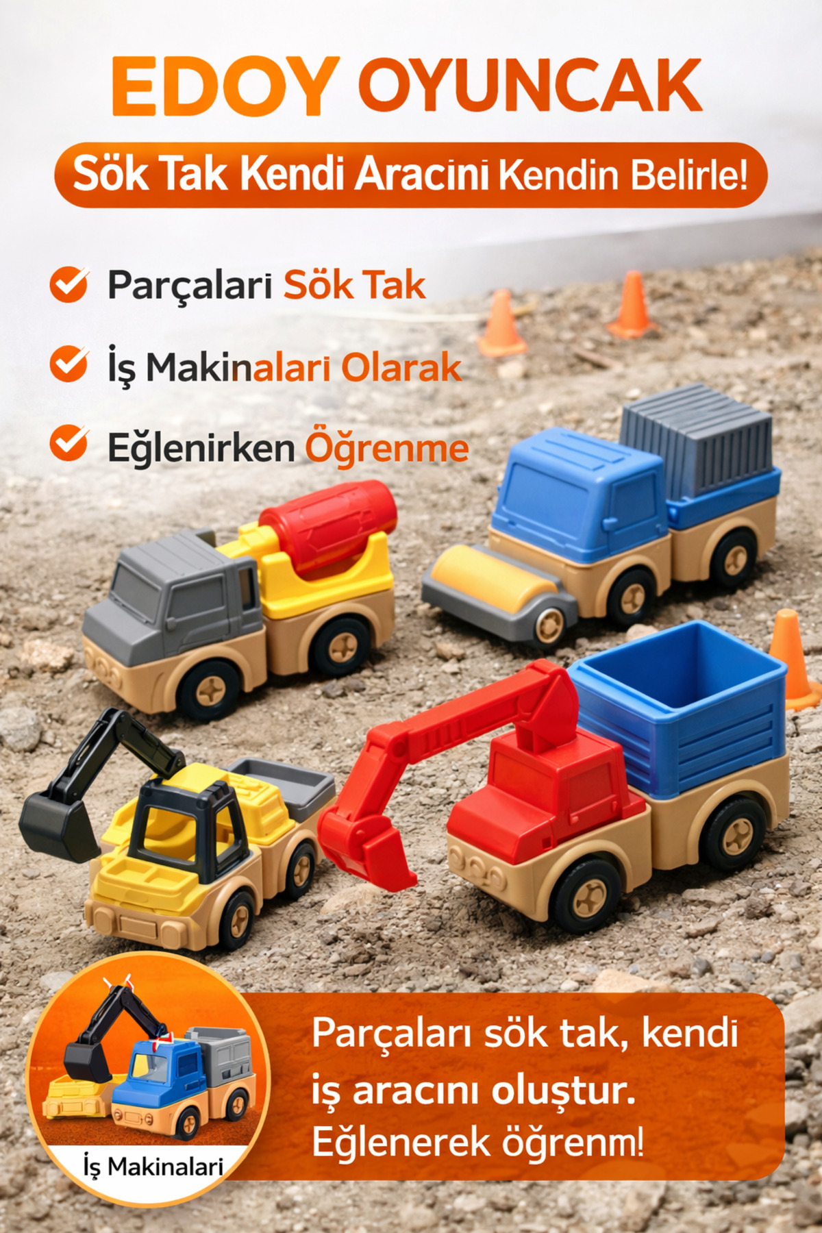 edoy Sök Tak Eğitici Araç Seti | Yap-Boz İş Makineleri | Yaratıcı Montessori Oyuncağı(Rastgele1 Araç) fotoğrafı 6 (önizleme)
