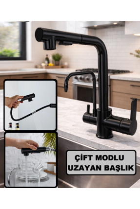 RENA DESIGN SİYAH ARITMALI SPİRALLİ 2 MODLU BAŞLIK L BORU MUTFAK EVYE BATARYA...